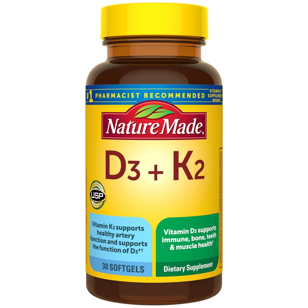 Nature Made Vitamin D3 K2 Suplemen, 5000 IU (125 mcg) Vitamin D for Bone, Teeth, Muscle and Imune Dukungan, 30 D3 dan K2 Softgel, 30 Hari Supply