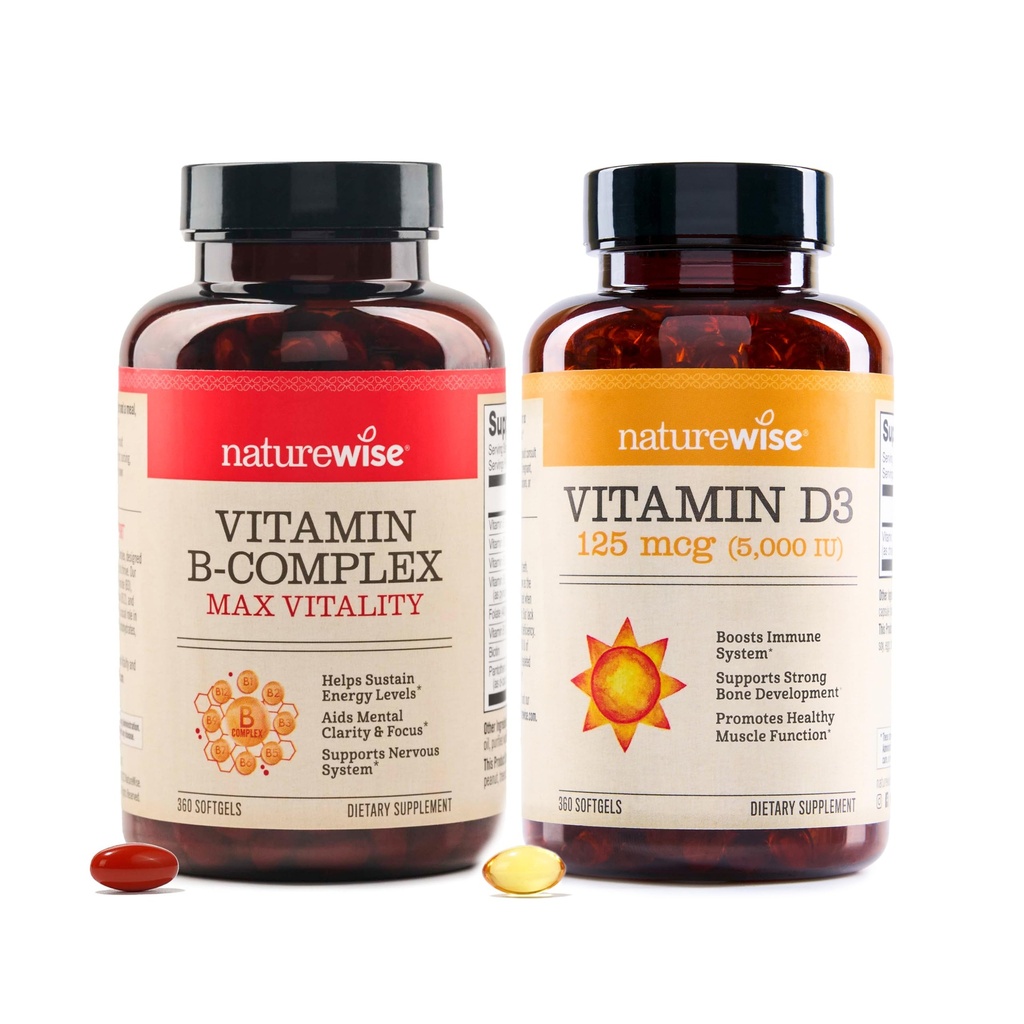 Naturewise Vitamin B Kompleks 360 Softgel [Persediaan 1 - Tahun] & Vitamin D3 5000iu 360 Count Mini Softgels [1 Tahun Supply] Bundle