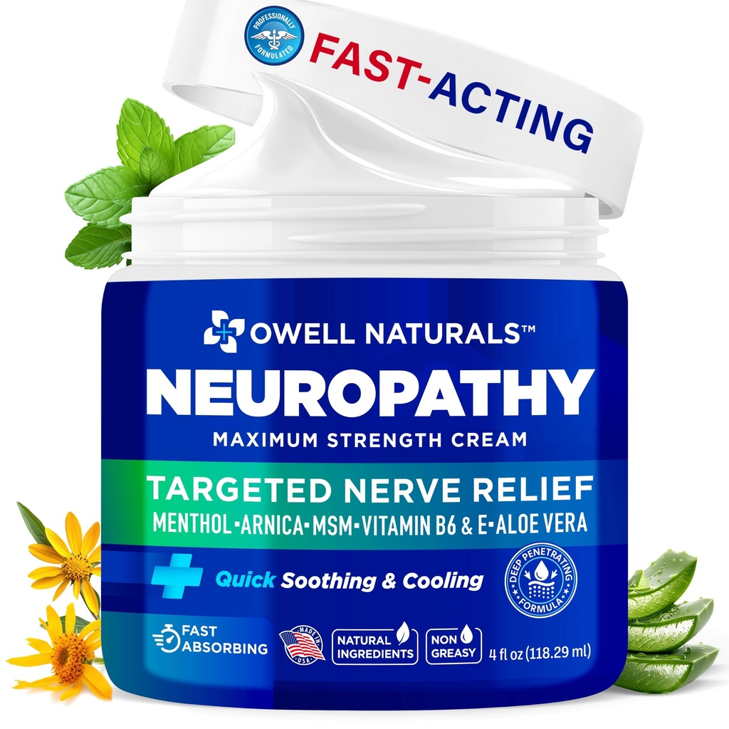 OWELL NATURALS Neurropathy Cream Extra Strength Relief Cream for Foot, Hands, Toes with Arnica, Vitamin B6, Aloe Vera, MSM-Made in USA
