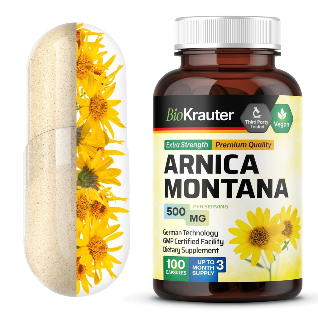 BIO KRAUTER Arnica Montana Capsules - 500 mg Arnica Capsules untuk Bruising and Sweelling - Vegan - 100 Count