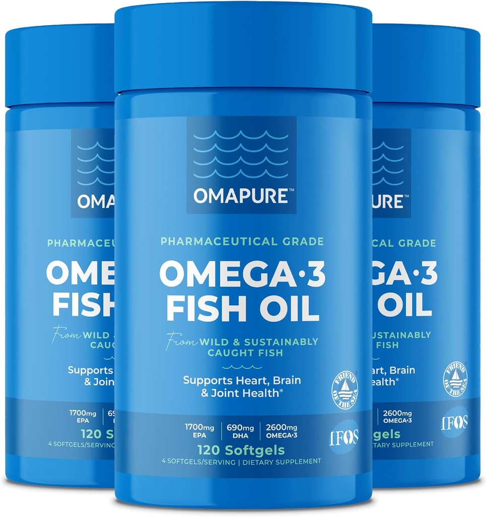 Tambahan OMAPURE Oil Oil Omega 3 Fatty Acids (3 Bottles, 120 Softgels) - EPA Tinggi, DHA, & IFOS Pil Minyak Ikan Dukungan Hati & Gabungan Kesehatan - Pemroses Minyak Ikan Burpless Fungsi Otak