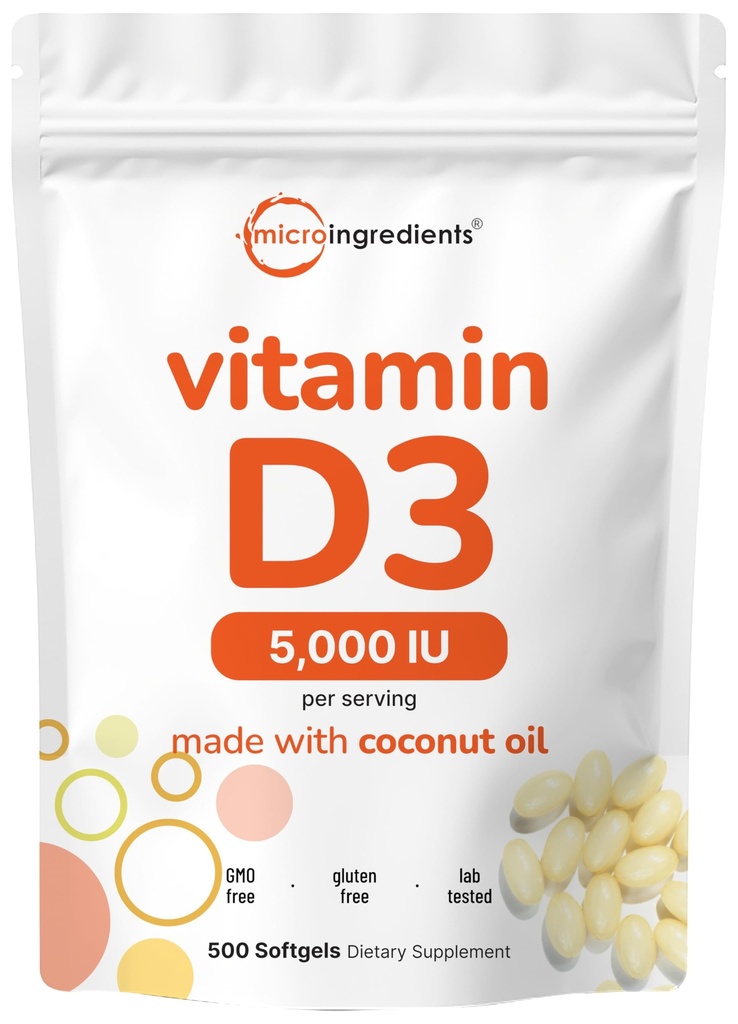Mikro Ingrediens Vitamin D3 5.000 IU, 500 Softgels 124; Virgin Coconut Oil 124; Cholecalferol Form 124; Bone, Ammune & Heart Dukung 124; Mudah untuk menelan, Non-GMO
