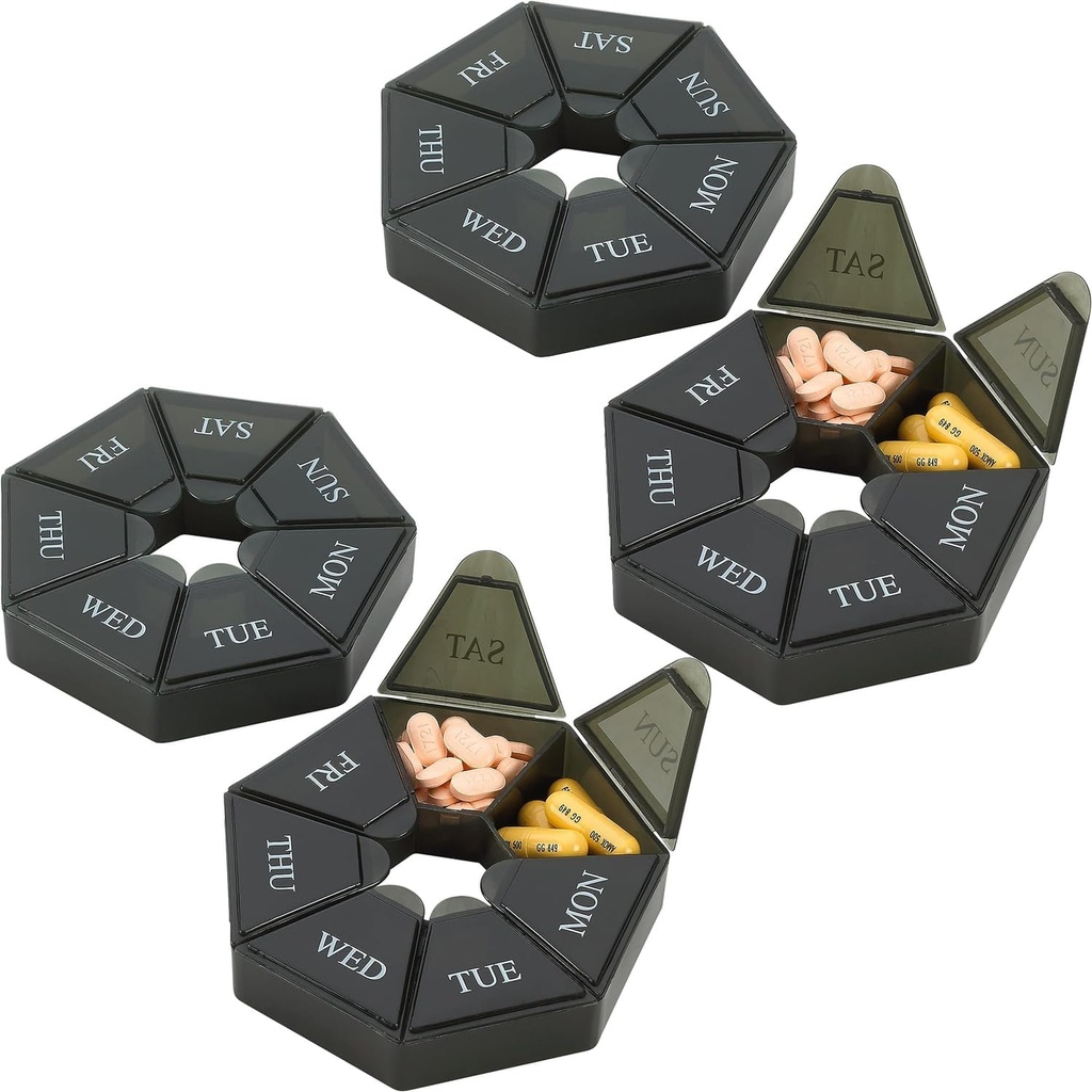 Weekly Pill Organizer - (Paket 4) 7 Hari Penpill Container - Arthritis Friendly Portable & Compact Case Compact Daily Comment Comment Medictory Box for Suplemen, Medication, Vitamin and Fish Oils