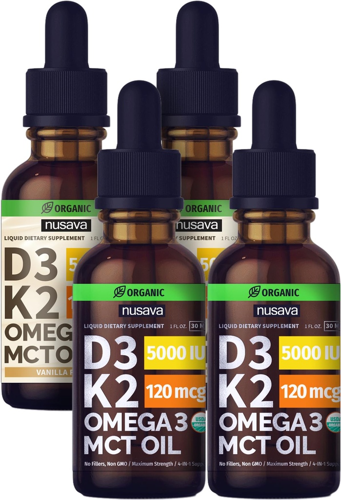 NUSAVA Unfeated D3 K2 Liquid Drops dan Vanilla Flavored D3 K2 Liquid Drops Bundle - Propulsion Liquid Vitamin for Heart, Gabungan, Bone, Muscle, & Imune Dupport - Non-GMO, Gluten- Free, 2pk Each