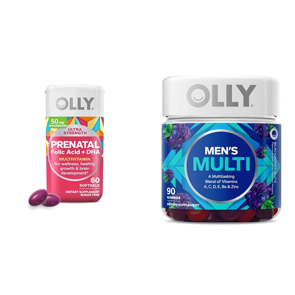 OLLY Prenatal Multivitamin Softgels and Men 's Multivitamin Gummy Vitamin Bundle, 60 and 90 Count