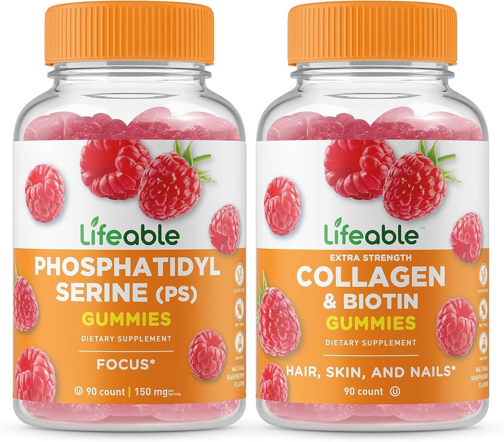 Lifeable Phoshatidyserine (PS) + Collagen & Biotin, Gummies Bundle - Wisting Besar, Suplemen Vitamin, Gluten Bebas, GMO Bebas, Gummy Tertipu