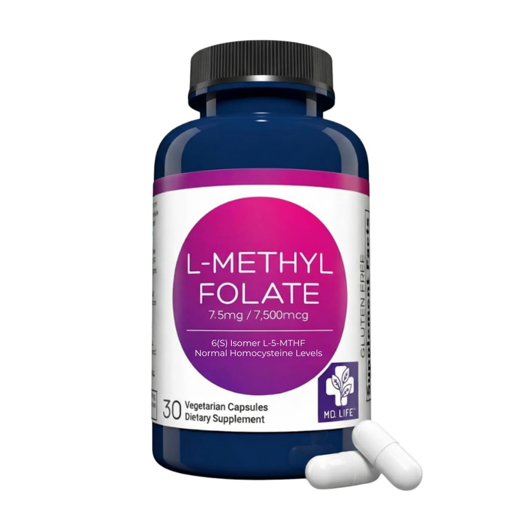 MD Life L-Methylfolate 7.5 mg Suplemen - Professional- Advanced L Methyfolate Suplemen - 30 Capsules - L- Methylfolat 7.5mg - Maksimum Potensi MTHFR W / Esparent Acids