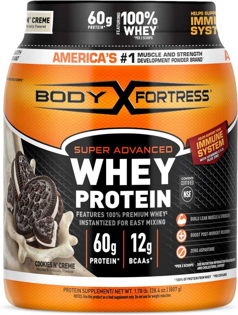 Body Fortress Super Advanced Whey Protein Powder, Cookies N 'Creme, 60g Protein & 12g BCAAs Per 2 Scoops, Muscle Gain & Recovery, Imune Dukung dengan Vitamin C & D, 1.78lbs (Packaging May Vary)