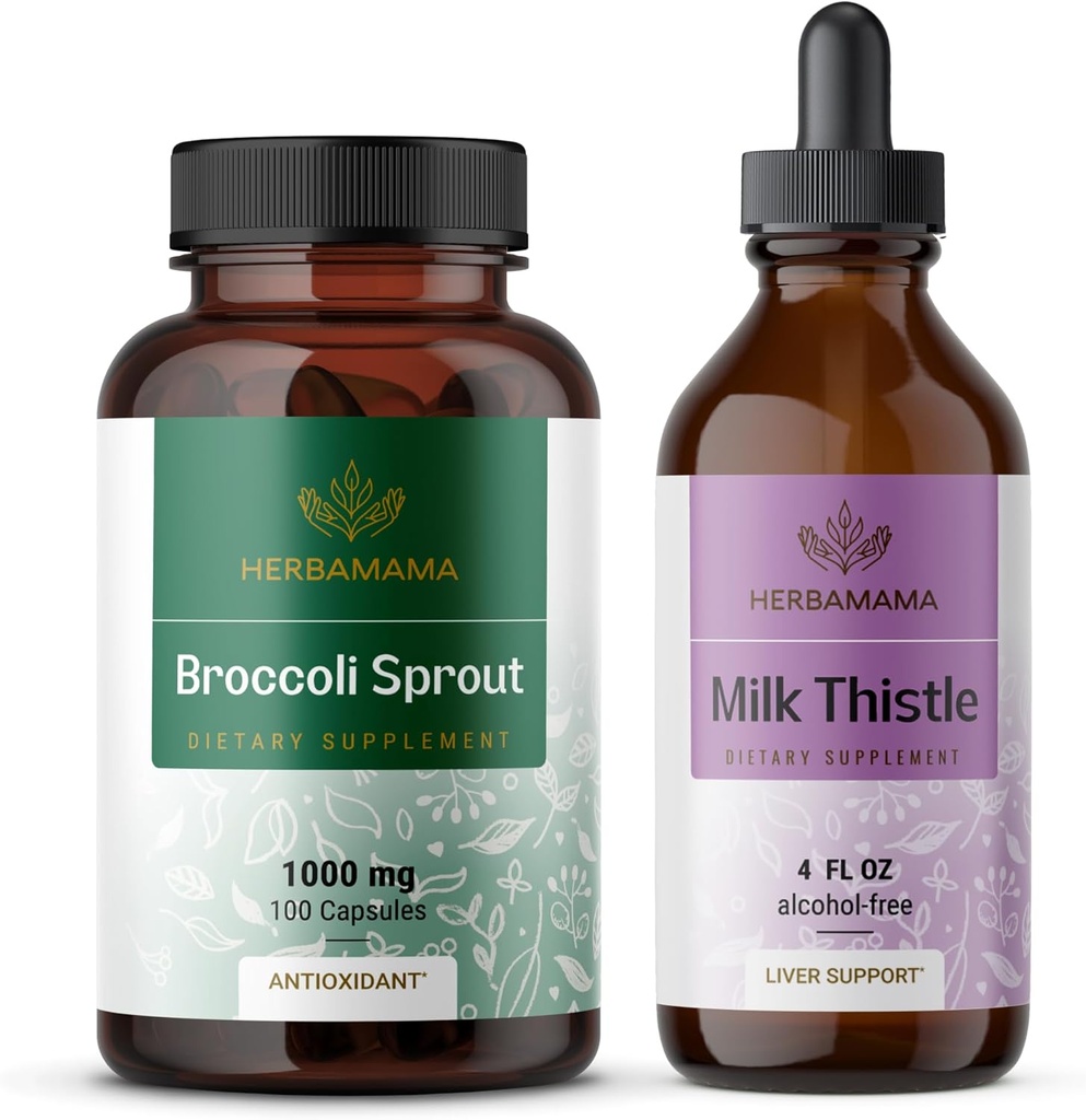 HERBAMAMA Broccoli Sprout dan Milk Thistle Kit - Bundle of 1000 mg Broccoli Sprout Capsules & Milk Thistle Extract 4 lf oz - Vegan, Non-GMO, Sugar & Alcohol- Free-2 Pack