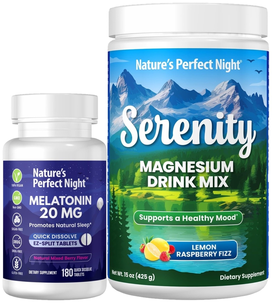 Nature 's Perfect Night Melonatin 20mg Quick Dissolve Berry 180 Count dengan Serenity Magnesium Powder 15 oz Lemon Raspberry