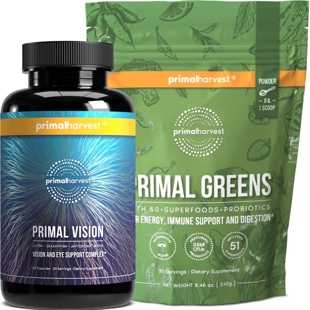 Primal Harvest Greens Powder & Vision Suplemen Perempuan dan Pria Vision and Eye Support Complex dengan Lutein, Hobxanthin Bundle