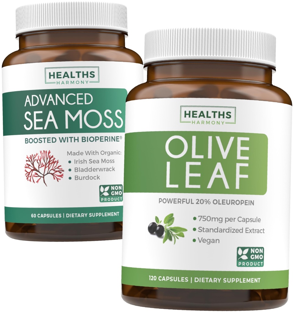 Laut Moss & Olive Leaf Extract (1 - Bulan Suply) Olive Moss Blend - Mass Laut Organik - Gegan Raw (60 Caps) & Olive Leaf Extract Super Kekuatan: 20% Oleuropein - Vegetarian (120 Caps)