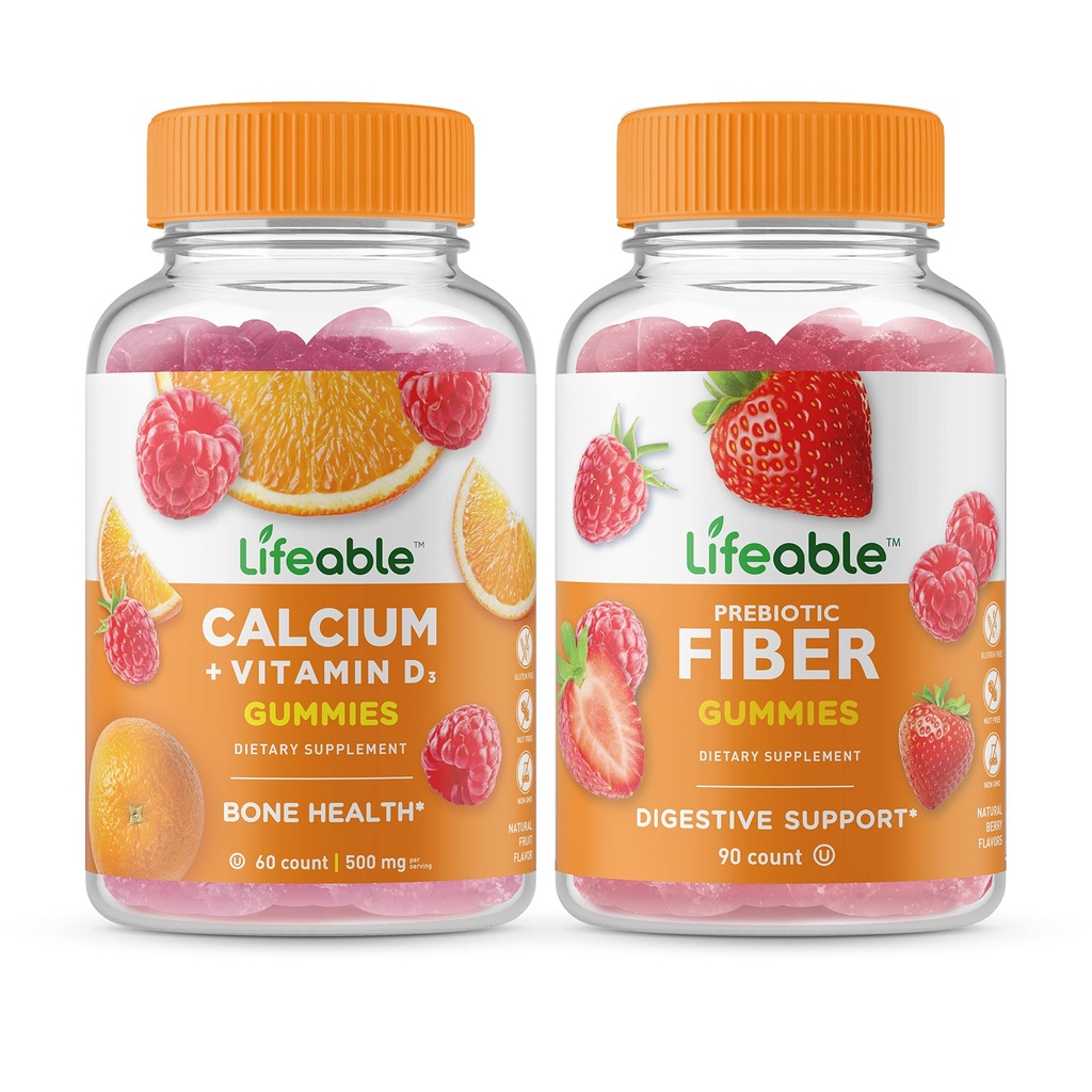Lifeable Calcium dengan Vitamin D + Prebiotic Fiber 5g, Gummies Bundle - Great Tasting, Vitamin Suplemen, Gluten Bebas, GMO Bebas, Chewable