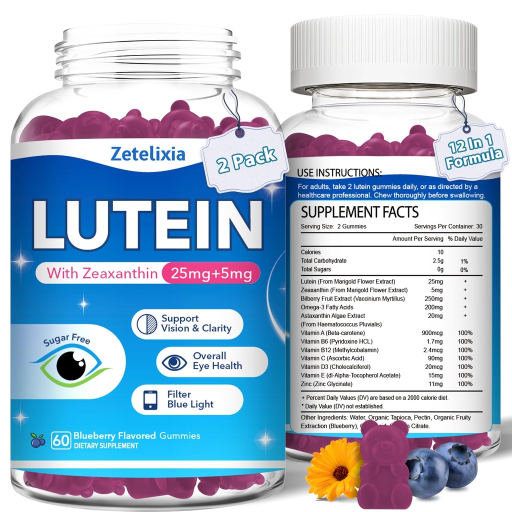 2 Pack Lutein Gummies, 12 di 1 Lutein dan Hobxanthin Suplemen Mata Vitamin - 120 Gummies untuk dewasa, Suplemen Kesehatan Mata Mata Mata Mata Berganda dan Vitamin