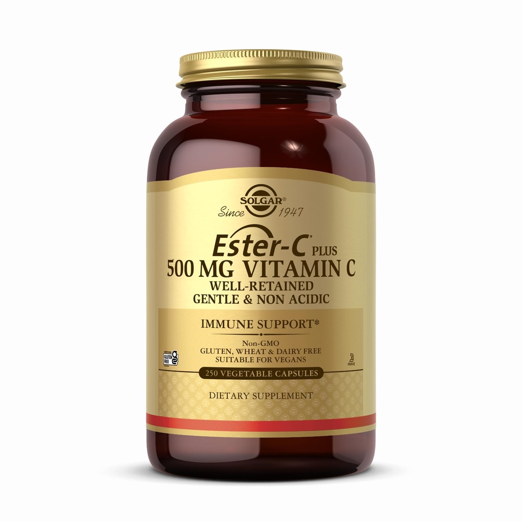 Solgar Ester-C Plus 500 mg Vitamin C (Ascorbate Complex) - 250 Vegetable Capsules - Gentle & Non Acidic - Antioksidant & Imune Dukungan - Non GMO, Vegan, Gluten Free, Kosher - 250 Servis