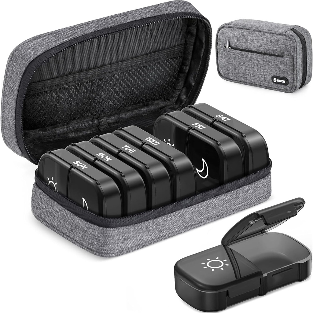 AUVON Canvas Bag XL Weekly Pill Organizer 2 Kali sehari, Travel Pill Box 7 Day with One- Side Large Opent, AM PM Pill Case with Portable Cloth Bag for Suplemen, Vitamin, Fish Oils