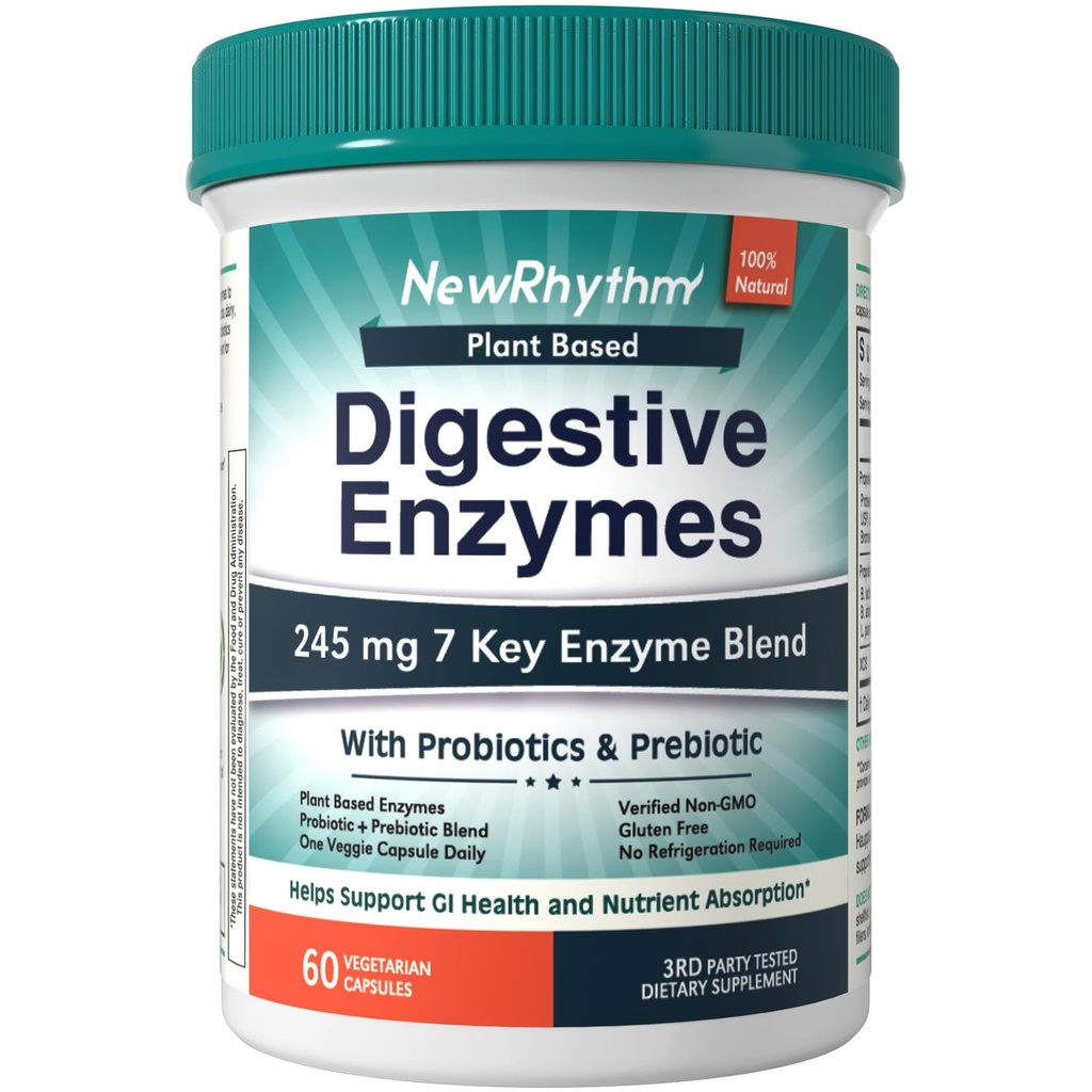 NewRhythm Digestive Enzymes 245 mg, with Probiotics and Prebiotics, Plant Based, 7 Key Enzymes, Digestion, Nutrient Absorption, Protease Amylase & Lipase, 60 Vegan Capsules
