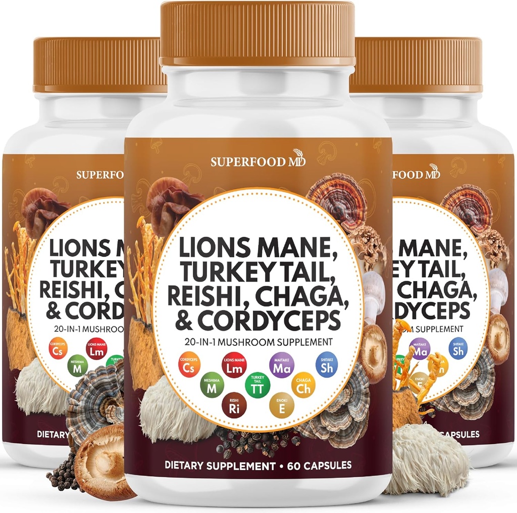 Lions Mane Jamur Tambahan dengan Turkey Tail Reishi Cordyceps Chaga dengan Marshmallow Root - 180 Cacah