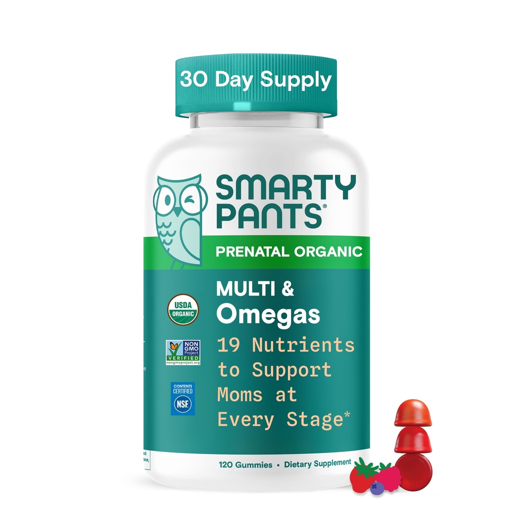 SmartyPants Organic Prenatal Vitamin for Women, Multivitamin Gummies: Biotin, Methylfolat Omega 3 (ALA), Vitamin D3, C, Vitamin B12, B6, A, K2 & Zinc, Chooline, Vegetarian, 120 Cacah (30 Hari Supply)