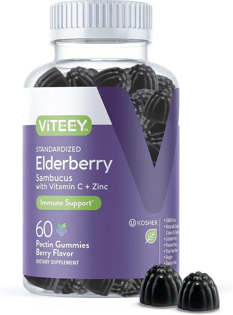 Viteey Sambucus Elderberry Gummies for Adults - Elderberry Vitamin C dan Zinc Immunity Gummies - Vegan, Gluten- Free - 60 Count