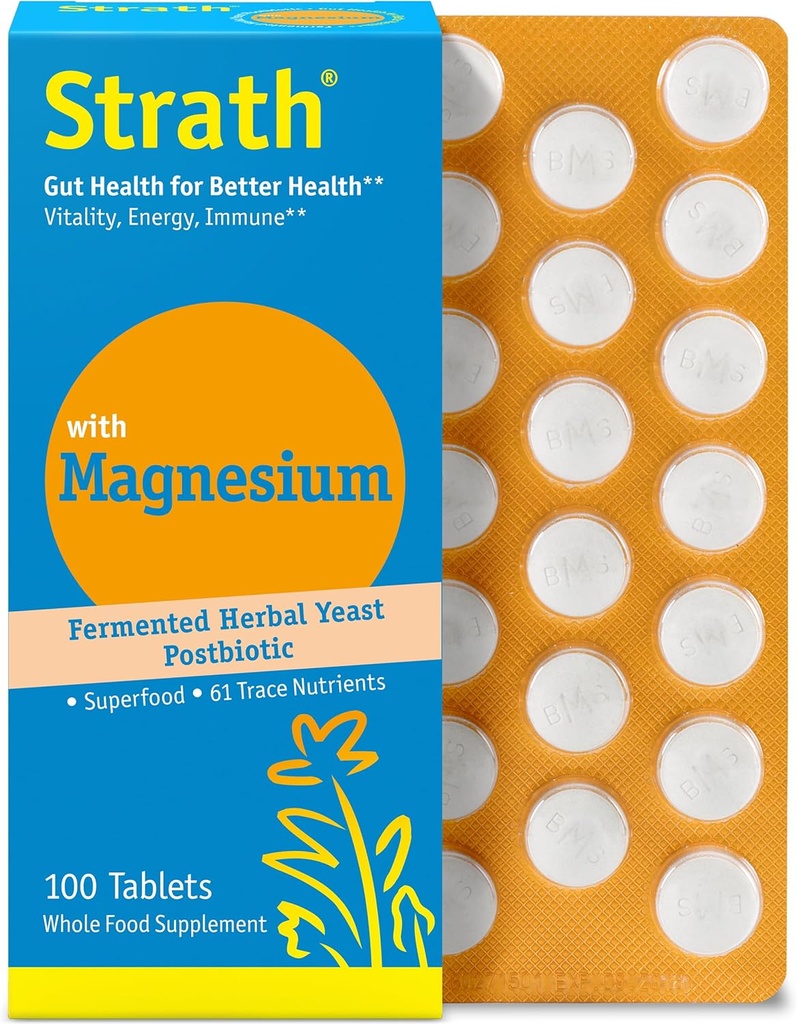 Strath with Magnesium Herbal Yeast Postbiotic 100 Tablets 126; Support Immune Fungsi 124; Promotes Wellness Well4; Non GMO 124; Gluten Free 124; Sugar Free 124; Vegan 124; Kosher