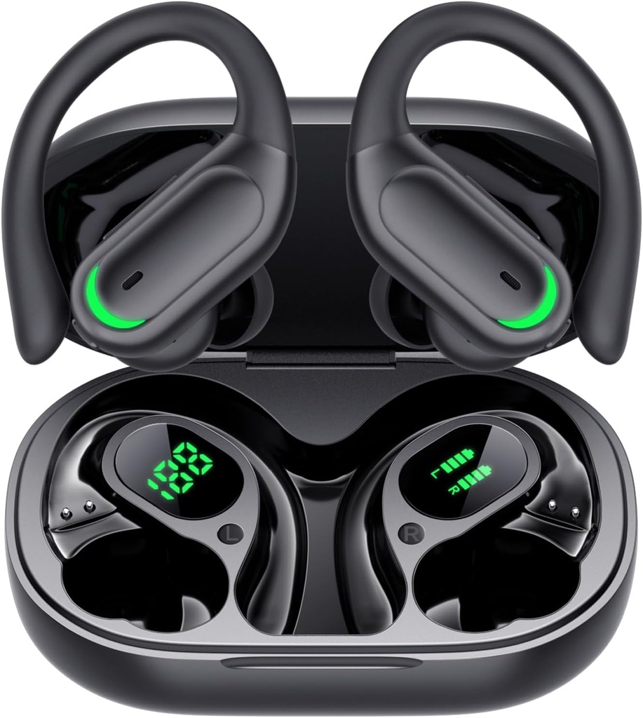 Bluetooth pendengar nirkabel 5.4 Headphone, 96hrs Playtime, Wireless Charging Case LED Show, Over Ear Headphones, ENC Noise Cancelling, Hi- Fi Sound, IP7 Waterproof, for Sports Workout (Deep Black)
