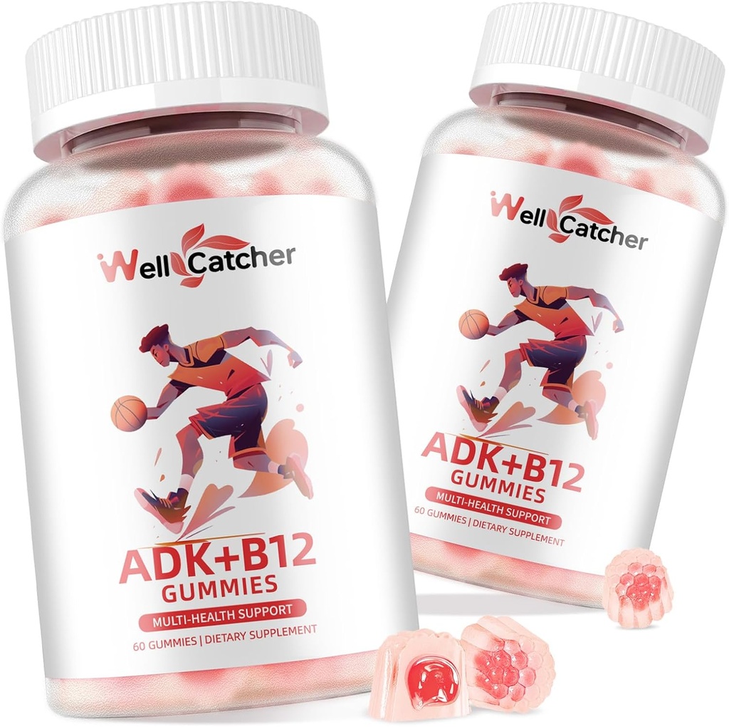 Vitamin ADK + B12 Gummies Suplemen: Vitamin D3 K2 (MK-7) dengan B12 untuk Women Chelable Vegan Dukung Bone Brain Immune Heart Sugar Free Raspberry Flavored 2 Packs