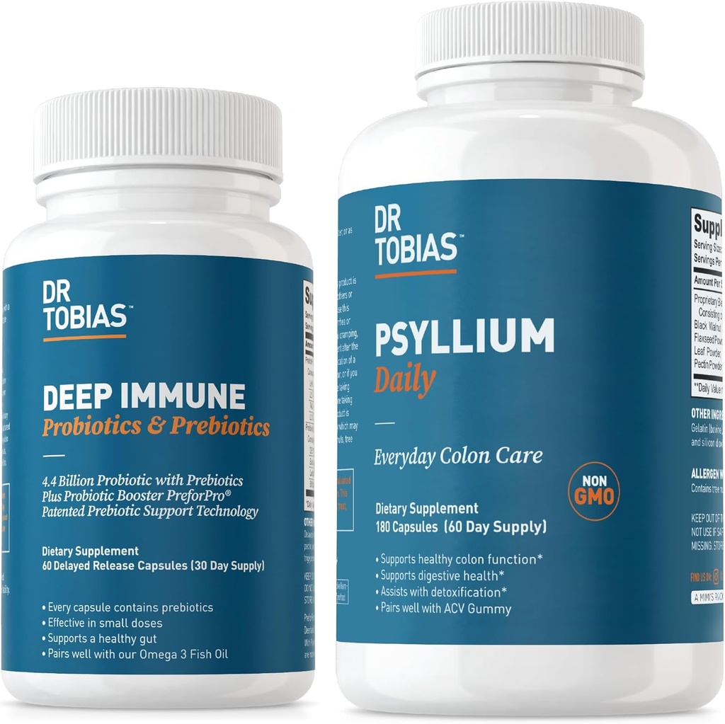 Dr. Tobias Deep Immune Progories & Pregren dan Psyllium Daily, Support Digetical Health, Gut Immune Fungsi, Supplemen Perabot Harian dalam Dukungan Kesehatan Colon dengan 4.4. Milyar CFU
