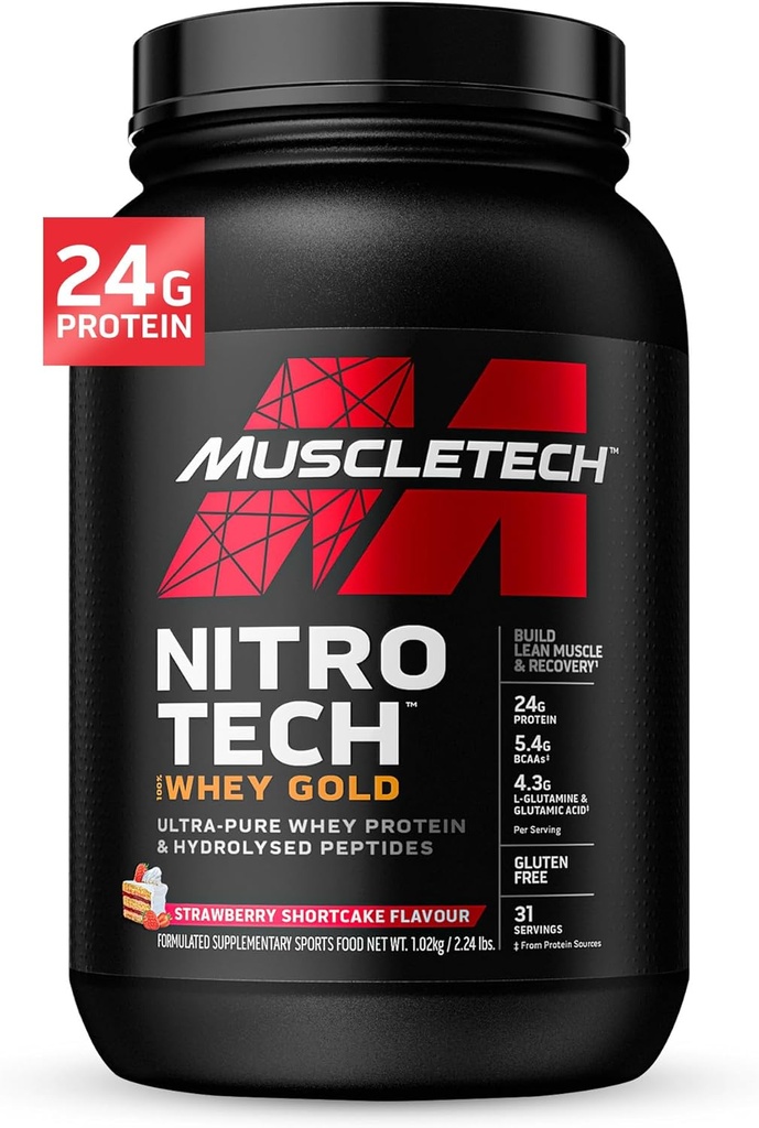 Whiy Protein powder, MuscleTech Nitro- Tech Whey Gold Protein Powder, Whey Protein isoate Smoothie Mix, Powin Powder for Women & Men, Strawberry Protein Powder, 2 pon (28 Serv) -package varies