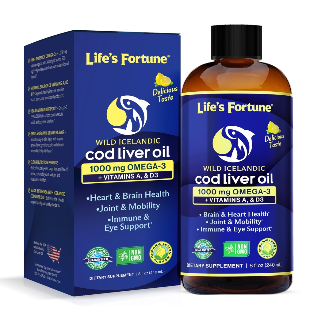 Life 's Fortune Cod Liver Oil Liquid Organic Flavor (8 Oz) 1.000 mg Omega + Vitamin A, E & D3 - Mendukung Kesehatan Immune - 100% Tambahan Minyak Ikan dari Cod- GMO Liar