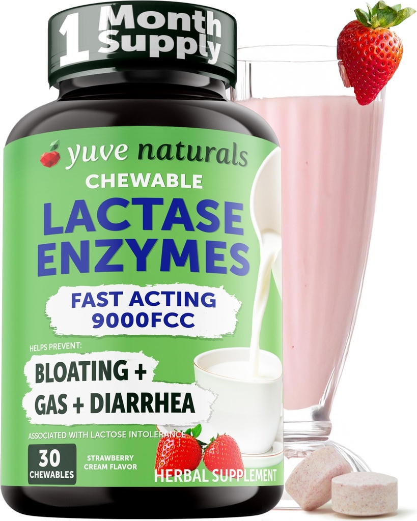 Yuve Natural Fast Act Relief Dairy Delivious Chewables - Lactase Enzyme 9000 FCC - Say Goodbye to Dairy Discomfort from Laktosa Intoleransi - Strawberry Cream Flavor - 30ct