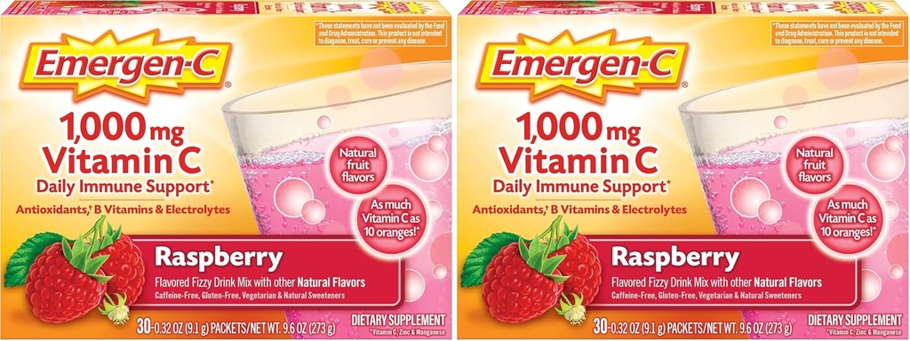 Emergen- C (30 Count, Raspberry Flavor, 1 Bulan Supply Dieter Supplemen Minuman Fizzy Mix dengan 1000mg Vitamin C, 0.32 Paket Ounce, Kafeine Bebas (Paket 2)