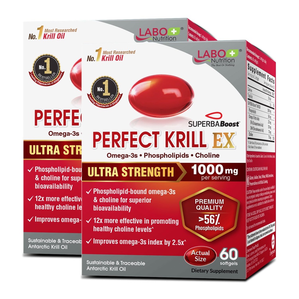 Nutrition Sempurna LABO Krill EX, 10000mg Antartika Krill Oil Omega 3 EPA DHA, Phospholipids tertinggi (lebih 56%) dengan Choline, Astaxanthin 124; Heart Brain Eye Joint Health, dibuat di USA, 60 softgelsX2