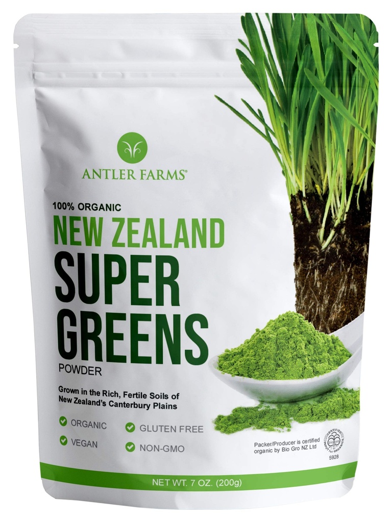 Antler Farms - 100% Pure Organ Selandia Baru Super Greens Powder, 40 Pelayan, 200g - Wheat Grass, Barley Grass, Chlorella, Spirulina - Vegan, Gluten Free, Chlorofil Kaya, untuk Energi dan Detox