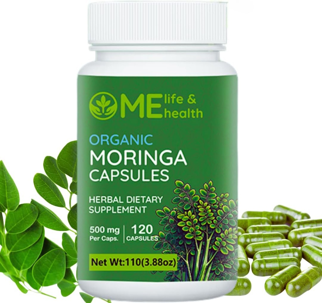 ME LIFE & HEALTH Kapsul Moringa, 100% Organik Morleifera Leaf, Murni Moringa Powder, Mmune System, Esgene Vitamin & Acids Non- GMO & Gluten Free, Murni & Natural 120. 500mg caps