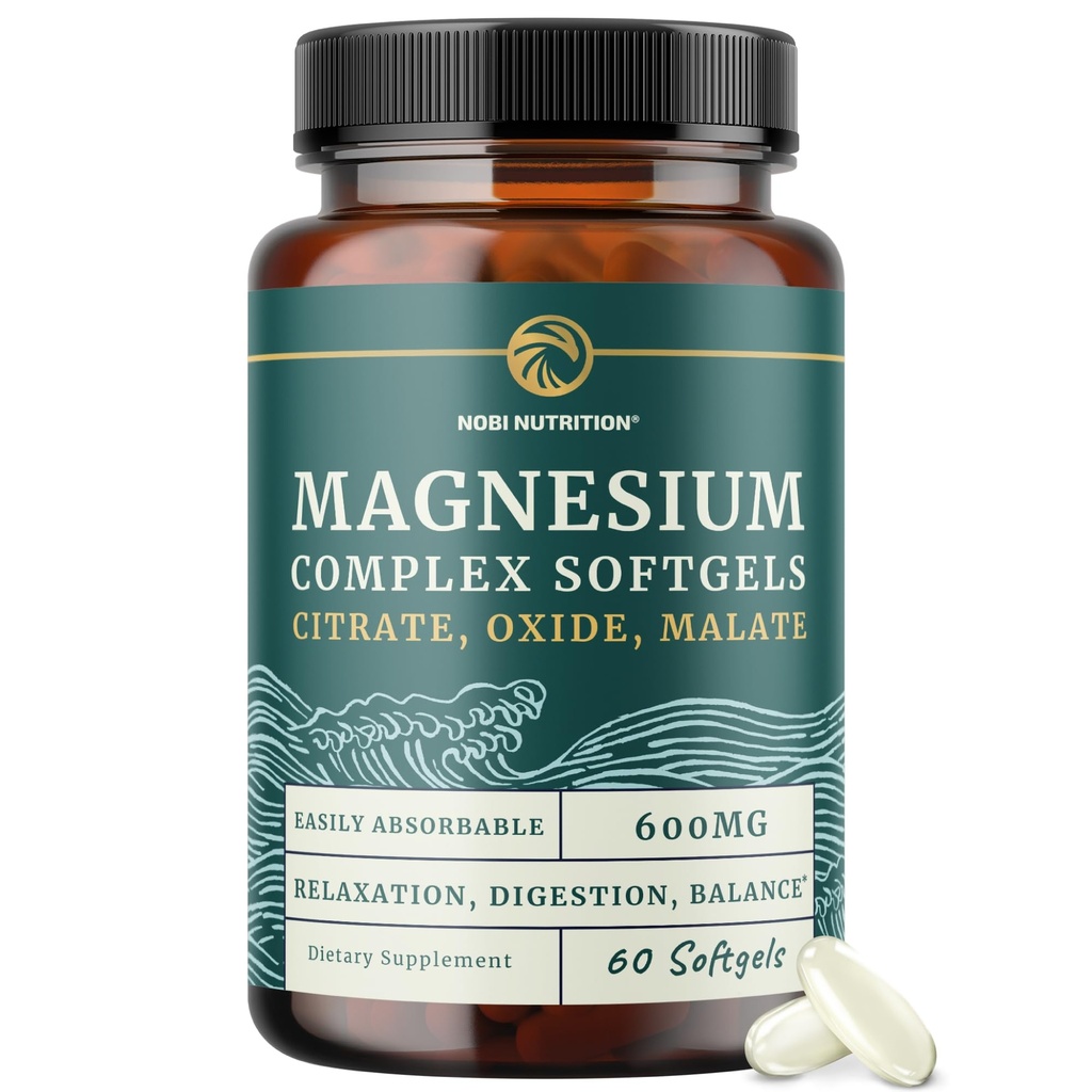 Triple Magnesium Softgeels 126; Citrate, Malate, & Oxide 124; Suplemen Magnesium Absorbable untuk Dibuble, Calm, Leg Crass, & Sleep 124; 300mg Complex 124; Mudah untuk Swallow Soft Gels 128; 60 Count