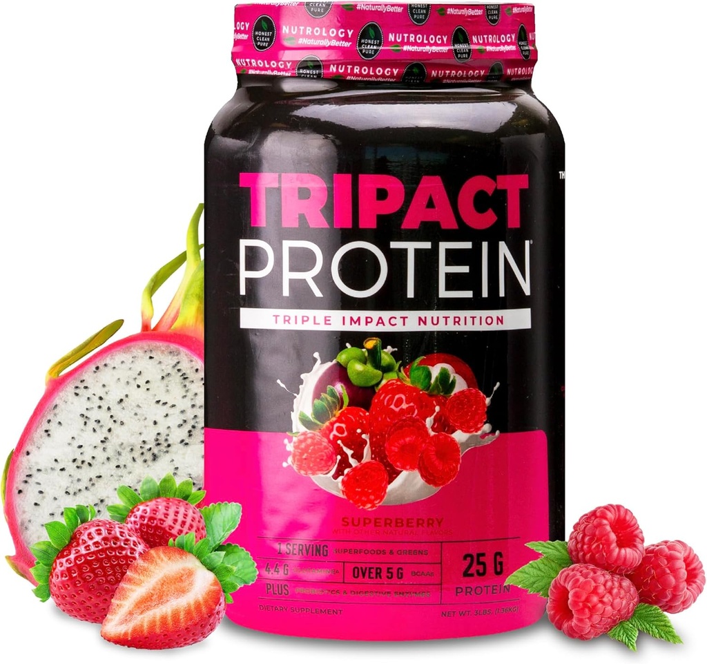 Nutrologi TromiACT Protein Powder - 7-in- 1 Pengganti Meal Shake dengan Poader Whey Whey, Pea, Rice, Greens for Muscle Recovery & Imunity, Superberry Flavor, 40 Services