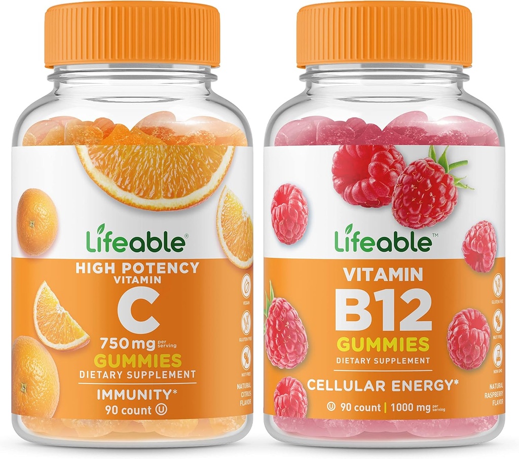 Lifeable Vitamin C 750mg + Vitamin B12, Gummies Bundle - Great Tasting, Vitamin Suplemen, Gluten Bebas, GMO Bebas, Gummy Chewable