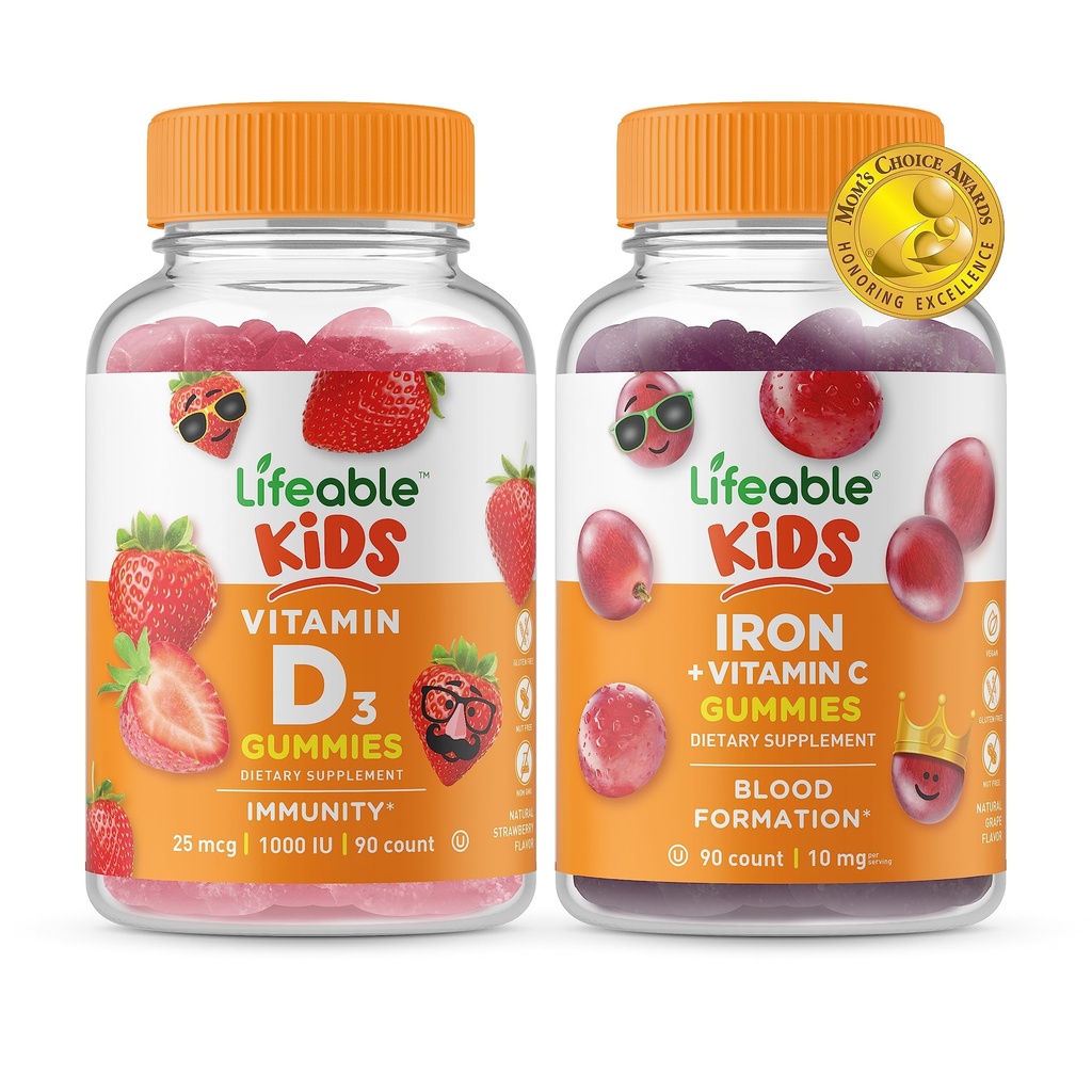 Lifeable Vitamin D Kids + Iron & Vitamin C Kids, Gummies Bundle - Great Tasting, Vitamin Suplemen, Gluten Free, GMO Free, Chewable Gummy