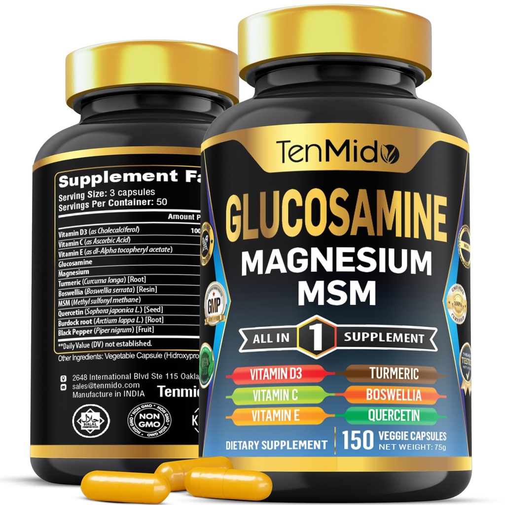 Suplemen Glucosamin MSM untuk Pria dan Wanita - 11in1 Formula - Combine dengan Magnesium, Turmeric, Boswellia, Quercetin, Burdock Root, dan Lebih 124; Gabungan & Mobility Dukungan 150 Capsules