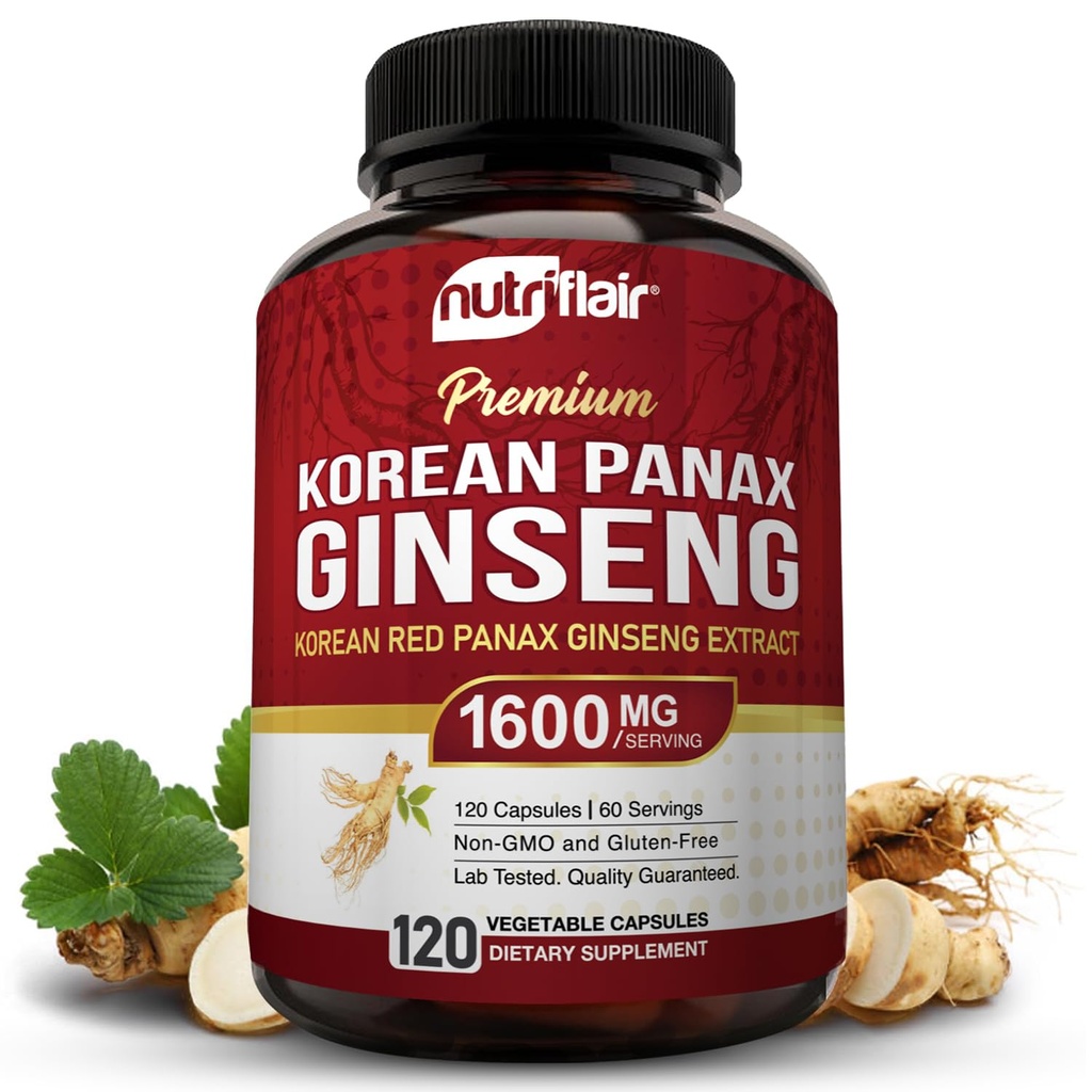 NutriFlair Korean Red Panax Ginseng 1600mg - 120 Vegan Capsules 124; 5% Ginsenosides 142; Non-GMO, Gluten-Free 124; Natural Energy & Focus Duck Alag4; Dibuat di USA