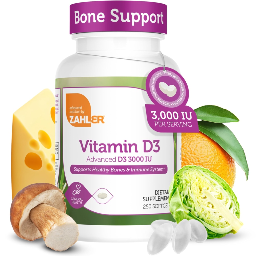 Zahler Vitamin D3 3000IU, Vitamin D3 Suplemen 3.000 IU, Disahkan Kosher (250 Softgels)