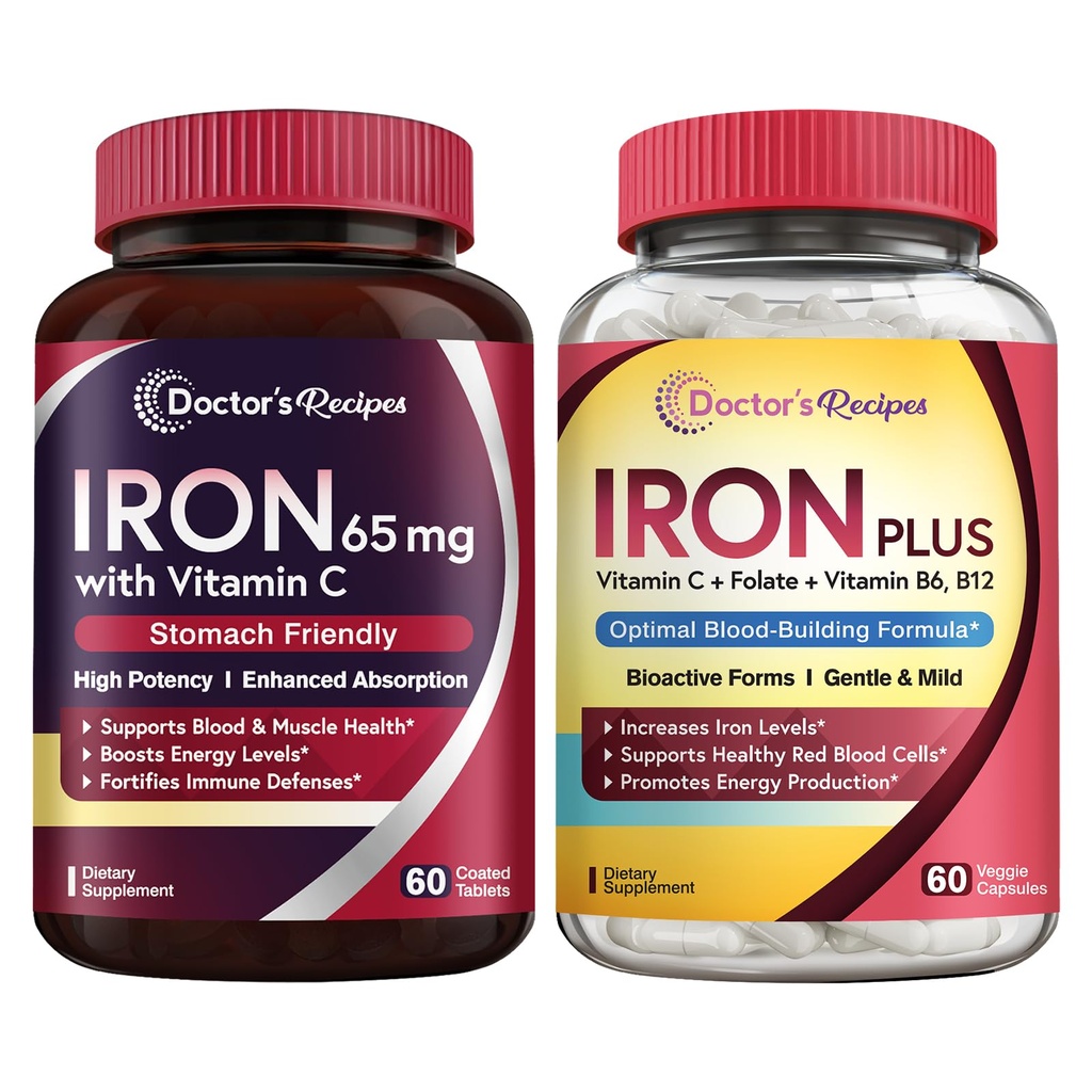 Doctor 's Recepes Iron 65 mg & Iron Plus Bundle, Levels Besi Sehat & Blood Dukungan, Iron Tablet 60 ct & Iron Capsules 60
