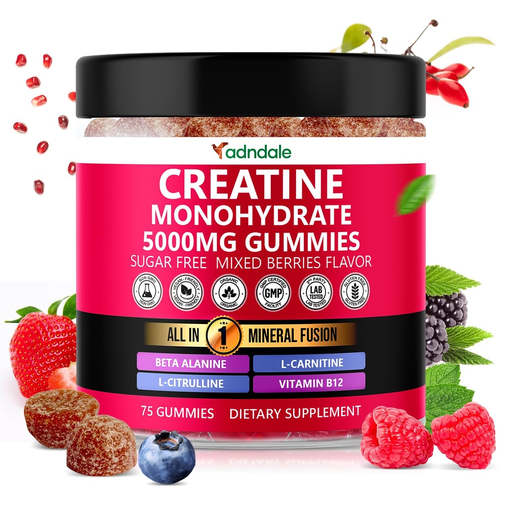 Adndale Creatine Monohydrate Gummies for Men & Women, 5000mg per Serving Creatine Suplemen Beta- Alanine, L- Citrulline & B12 - 75 Vegan Gummies. Sugar-Bebas