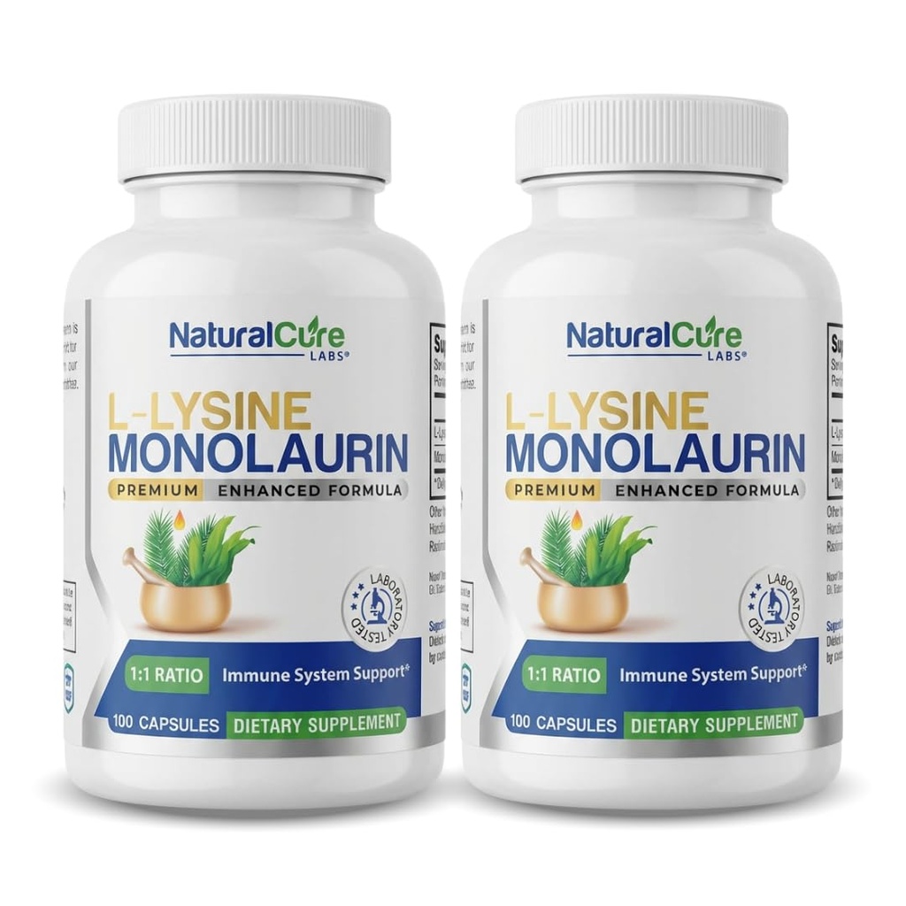 Natural Cure Labs L-Lysine + Monolaurin 600mg 1 Rasio, 2 Pack, 200 Kapsul