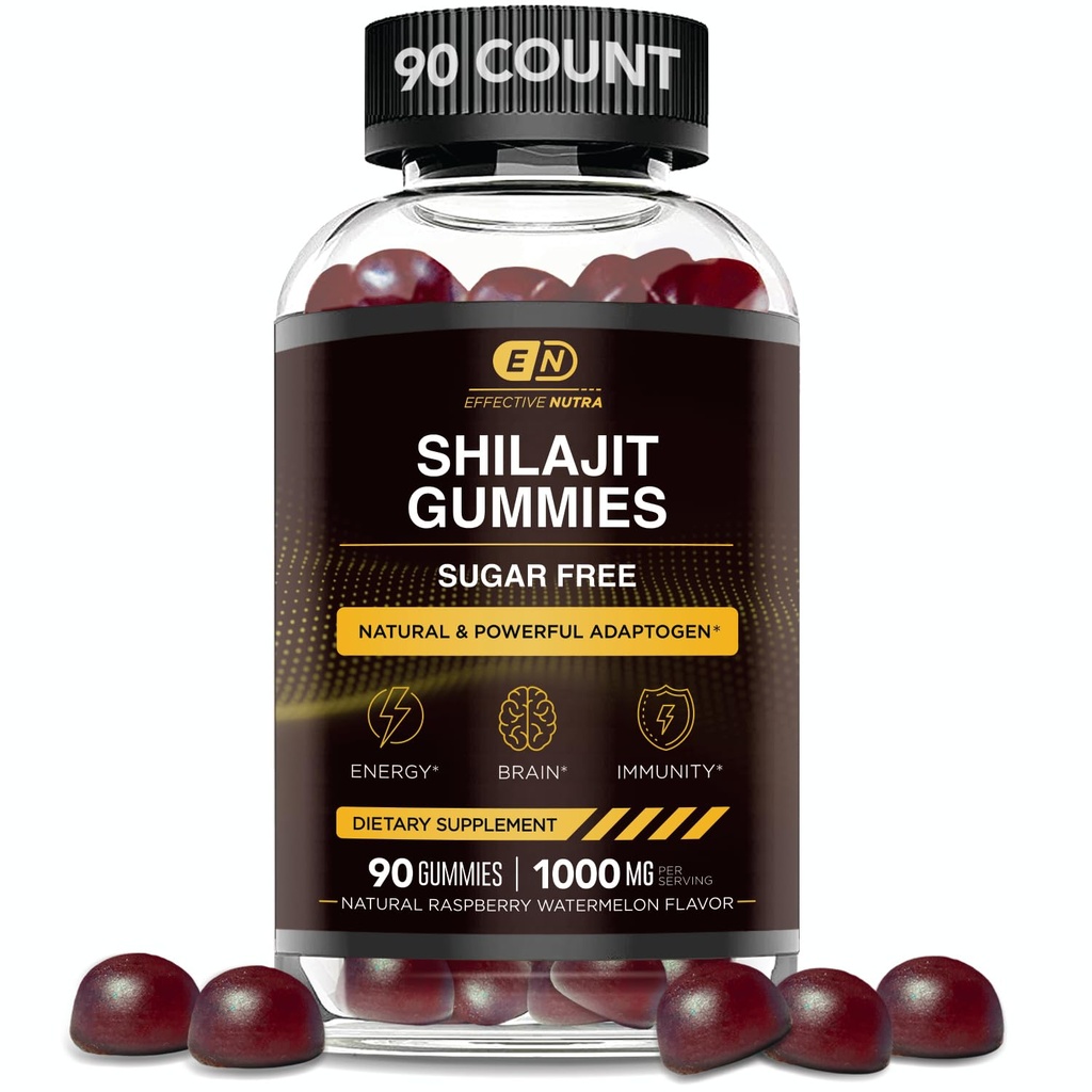 EFFECTIVE NUTRA Shilajit Gummies 1000mg 124; Pure Shilajit Resin for Energy, Brain & Imunity 124; Tambahan untuk Pria & Women 124; Sugar- Free, Vegan, Gluten- Free Alagly Berry Flavor, dibuat di USA (90ct)