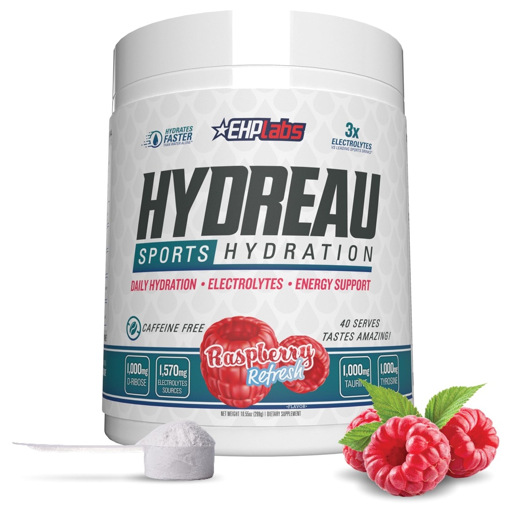 EHP Labs Hydreau Electrolytes Powder No Sugar - Hidration Powder for Endurance & Energy - Electrolite powder for Men & Women - Sugar Free Electrolytes - Raspberry Refresh (40 Serves)