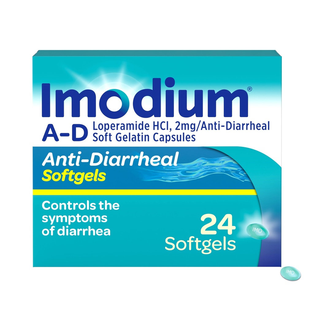 Imodium A-D Fast- Akting Anti- Diarriswer Softgels, Loperamide HCl 2 mg, Travel Estimate Relief Medicine for Dewasa, 24 Count, AntiDiare Pil, Abad 12 +, Easy to Swallow