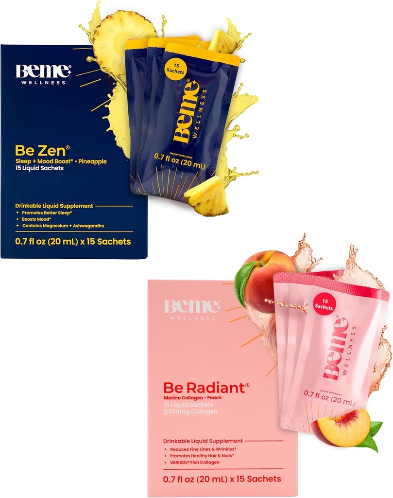BeMe BeRadiant Peach & BeZen Bundle - Liquid Collagen & Magnesium Glycinate L- Theanine Suplemen