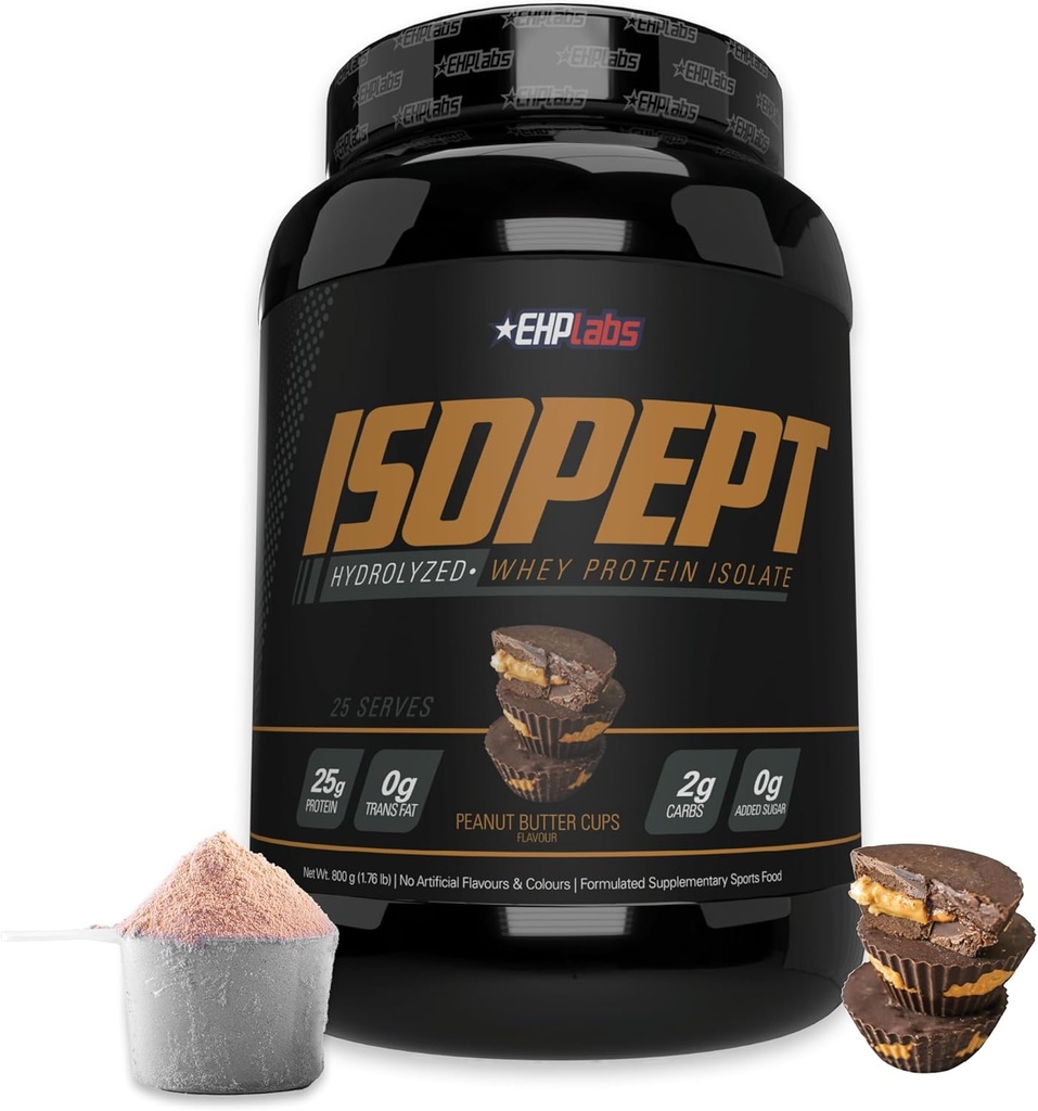 Isopept Hydrolyzed Whey Protein Powder oleh EHPlabs - 100% Whey Protein Isolate & Hydrolysate, 27g of Protein, Non-GMO, Gluten Free, Fast Absorbing, Easy Digesting, 27 Serves (Peanut Butter Cups)